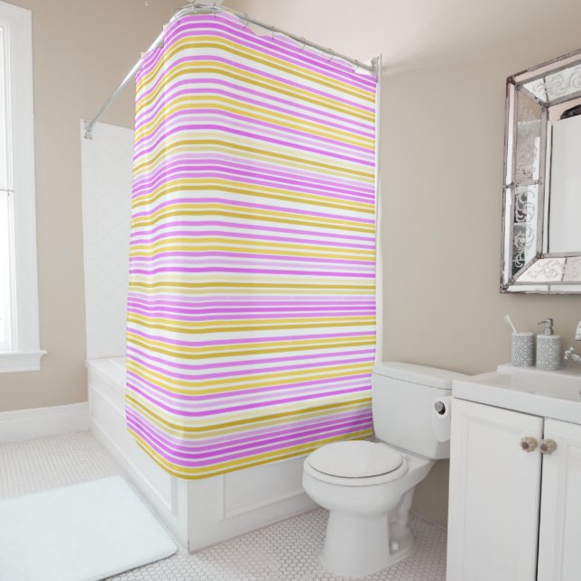 Pink Yellow And White Stripe Shower Curtain (In Situ)