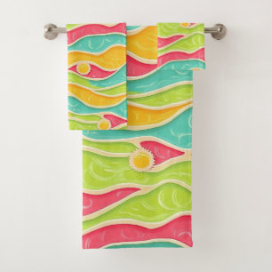 PINK YELLOW AQUA GREEN ABSTRACT WAVES AND SUNS BATH TOWEL SET