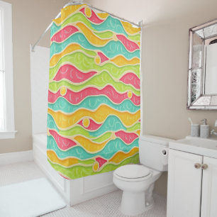 PINK YELLOW AQUA GREEN ABSTRACT WAVES AND SUNS SHOWER CURTAIN