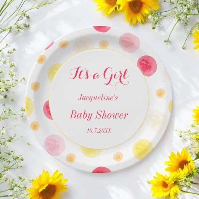 Pink Yellow Baby Shower Watercolor Dots Paper Plate (Creator Uploaded)