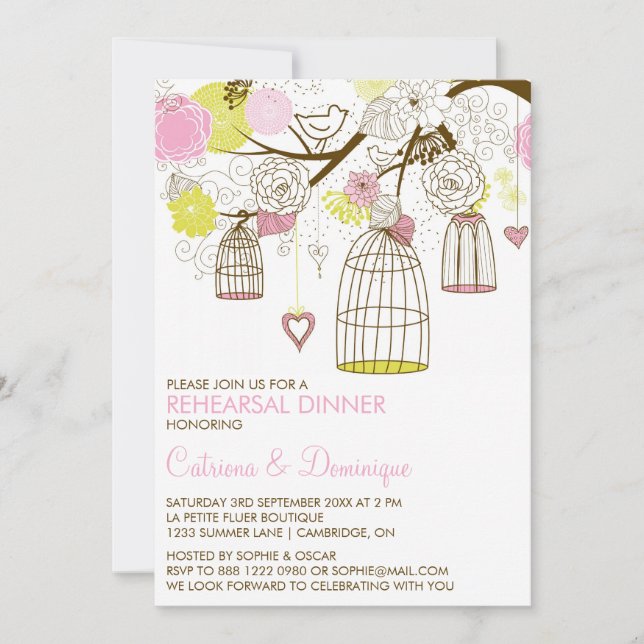 Pink Yellow Birdcages Rehearsal Dinner Invitation (Front)