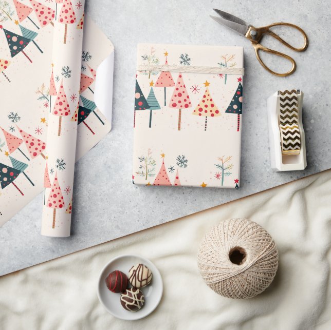 Pink, Yellow, Black, Teal Holiday Trees with Stars Wrapping Paper (Crafts)