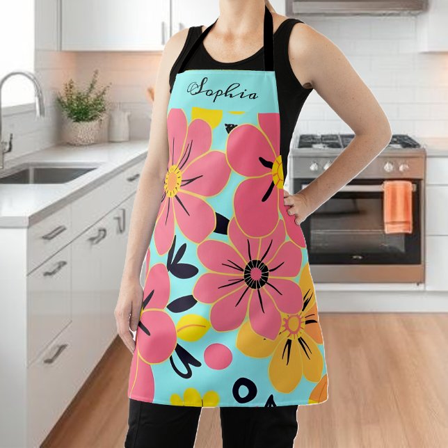 Pink & Yellow Blossoms on Sky Blue-Dopamine Style  Apron (Pink & Yellow Blossoms on Sky Blue-Dopamine Style Apron)
