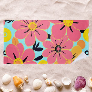 Pink & Yellow Blossoms on Sky Blue- Dopamine Style Beach Towel