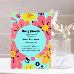 Pink & Yellow Blossoms on Sky Blue- Dopamine Style Invitation