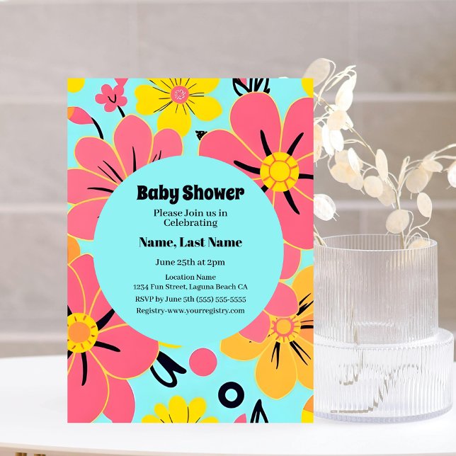 Pink & Yellow Blossoms on Sky Blue- Dopamine Style Invitation (Pink & Yellow Blossoms on Sky Blue- Dopamine Style Invitation)