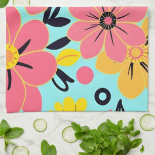 Pink & Yellow Blossoms on Sky Blue-Dopamine Style Tea Towel