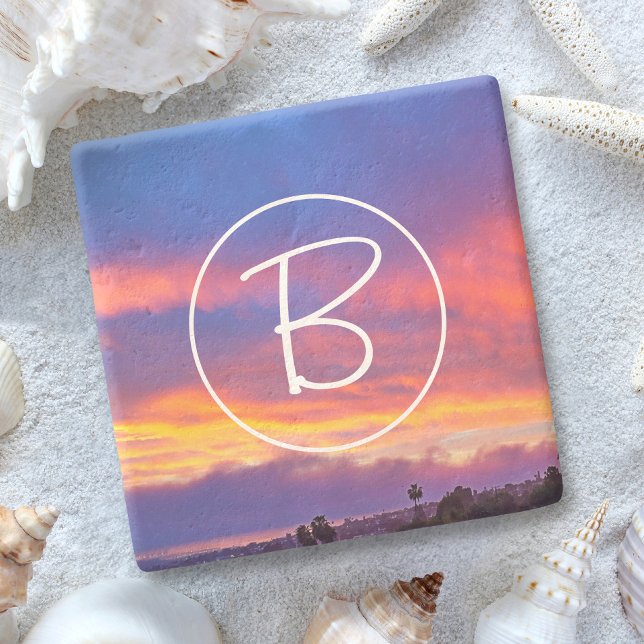 Pink Yellow Blue Clouds Sunset Monogram Modern Stone Coaster (Creator Uploaded)