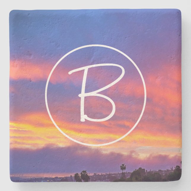 Pink Yellow Blue Clouds Sunset Monogram Modern Stone Coaster (Front)