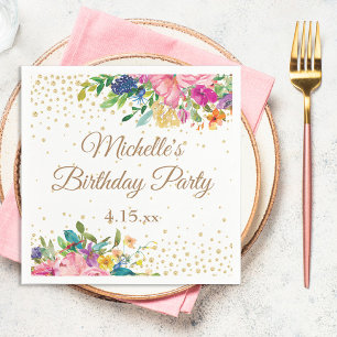 Pink Yellow Blue Floral Birthday Napkin