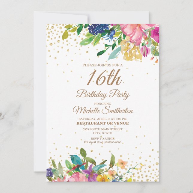 Pink Yellow Blue Floral Gold Glitter 16th Birthday Invitation (Front)