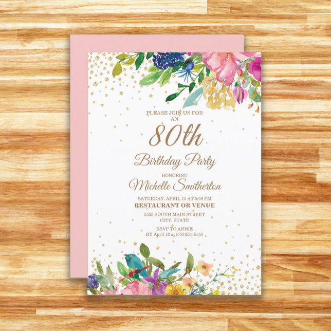 Pink Yellow Blue Floral Gold Glitter 80th Birthday Invitation (Pink, yellow, and blue watercolor floral 80th birthday party invitation)