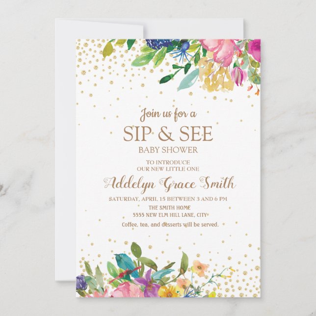 Pink Yellow Blue Floral Gold Glitter Sip See Invitation (Front)