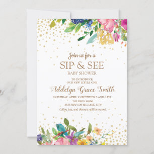 Pink Yellow Blue Floral Gold Glitter Sip See Invitation