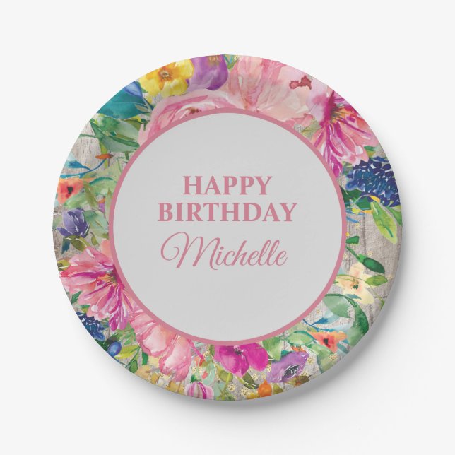 Pink Yellow Blue Floral Rustic Wood Birthday Paper Plate (Front)