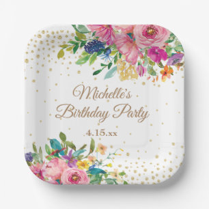Pink Yellow Blue Flowers Birthday Paper Plate