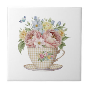 Pink Yellow Blue Flowers in Tea cup Floral Kitchen Tile