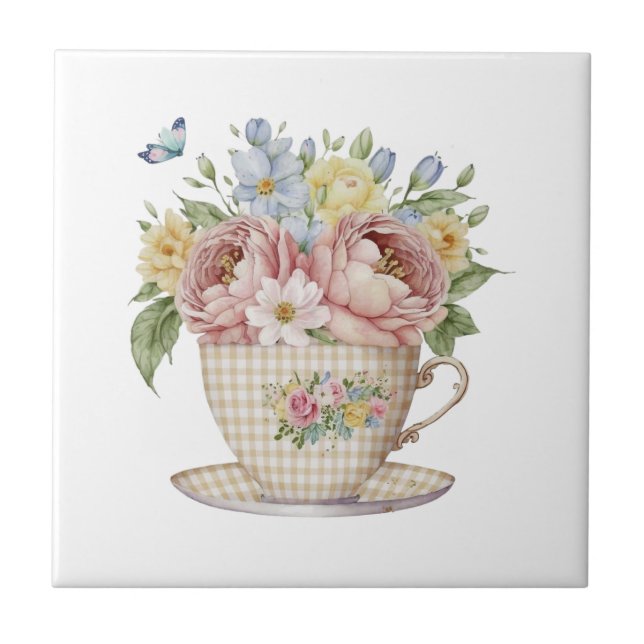 Pink Yellow Blue Flowers in Tea cup Floral Kitchen Tile (Front)