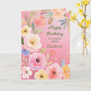  Pink Yellow Blue Green Flowers  Sister's Birthday Card