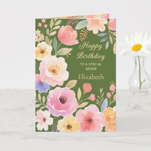  Pink Yellow Blue Green Flowers  Sister's Birthday Card
