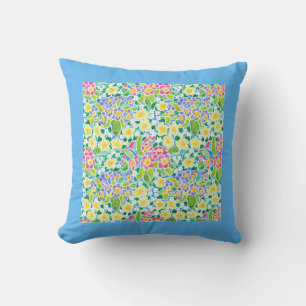 Pink, Yellow, Blue Primrose Pattern. Cushion