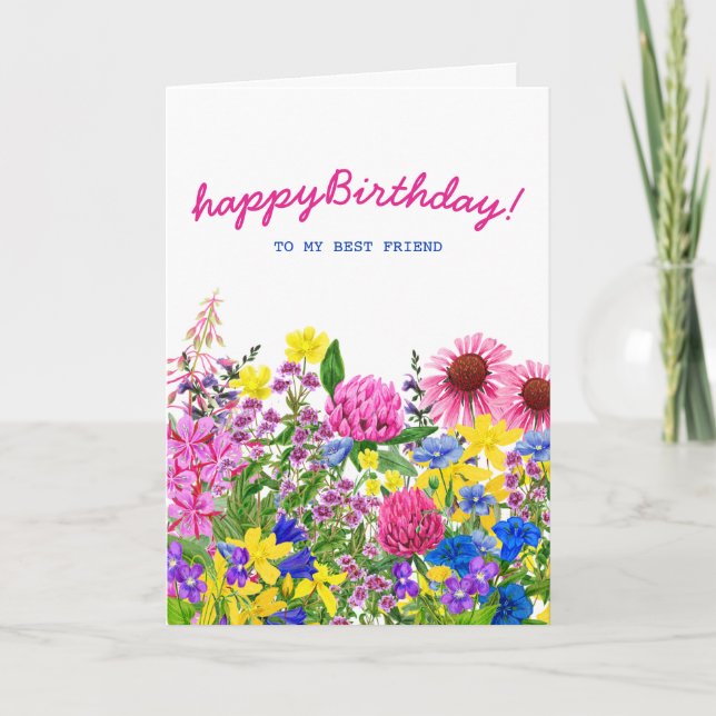 Pink Yellow Blue Purple Floral Friend Birthday Card (Front)