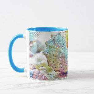 Pink yellow blue seashells watercolor mug