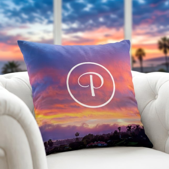 Pink yellow blue sunset photograh monogram initial cushion (Creator Uploaded)
