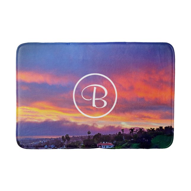 Pink yellow blue sunset photography monogram bold bath mat (Front)