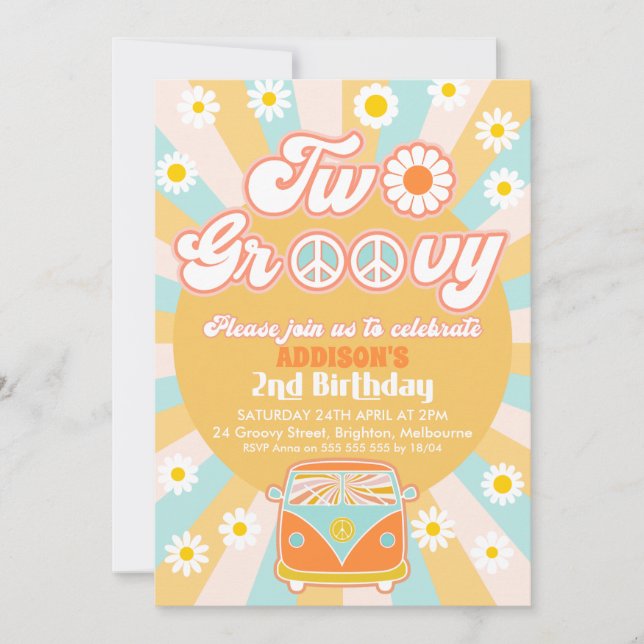 Pink Yellow Blue Two Groovy Retro 2nd Birthday Invitation (Front)
