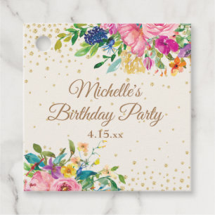 Pink Yellow Blue Watercolor Floral Birthday Favour Tags