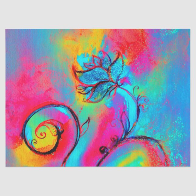 PINK YELLOW BLUE WHIMSICAL FLOWERS  Fantasy Floral Tissue Paper (Front)