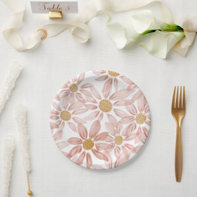 Pink Yellow Boho Wild Daisies  Paper Plate (Wedding)
