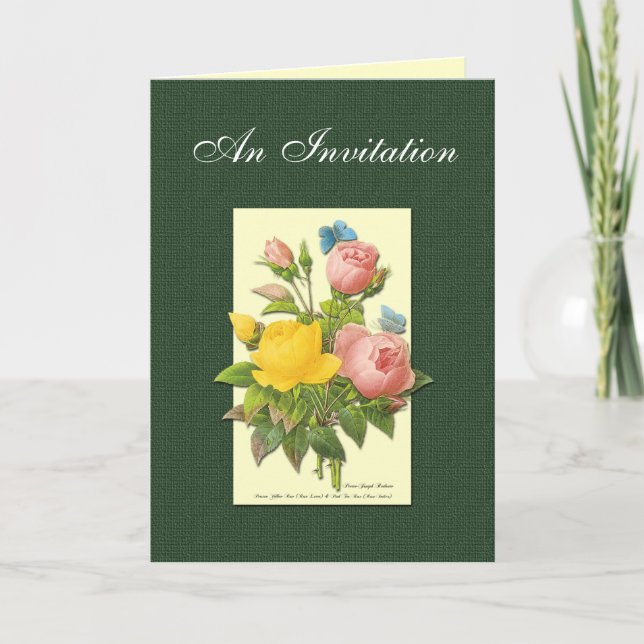Pink Yellow Botanical Roses Custom Invitation (Front)
