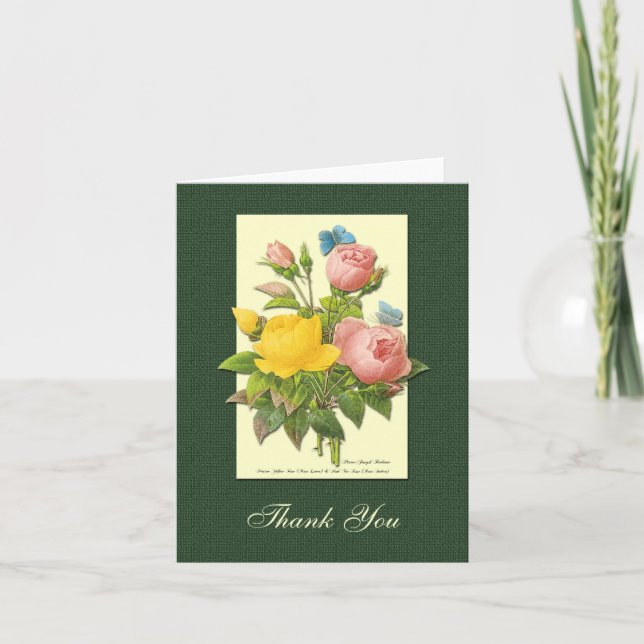 Pink Yellow Botanical Roses Thank You Card (Front)