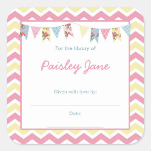 Pink Yellow Bunting Baby Shower bookplates Square Sticker