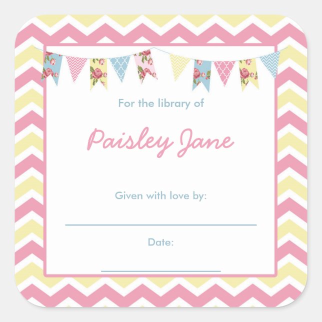 Pink Yellow Bunting Baby Shower bookplates Square Sticker (Front)