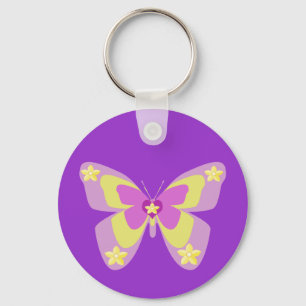 Pink & yellow butterfly with flowers key ring