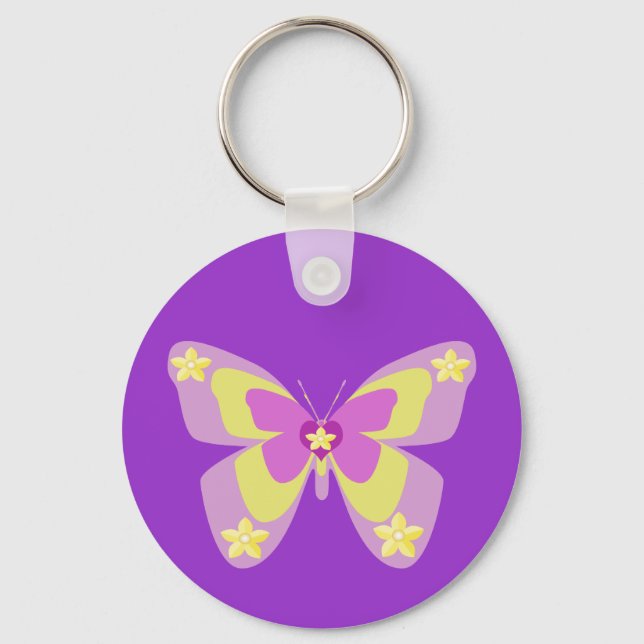 Pink & yellow butterfly with flowers key ring (Front)