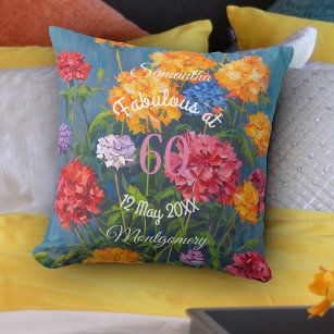 Pink Yellow Carnations on Blue Happy Birthday  Cushion