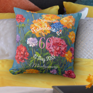 Pink Yellow Carnations on Blue Happy Birthday Cushion