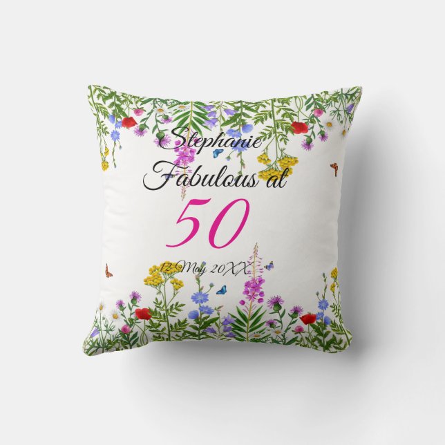 Pink Yellow Carnations on Blue Happy Birthday Cushion (Back)