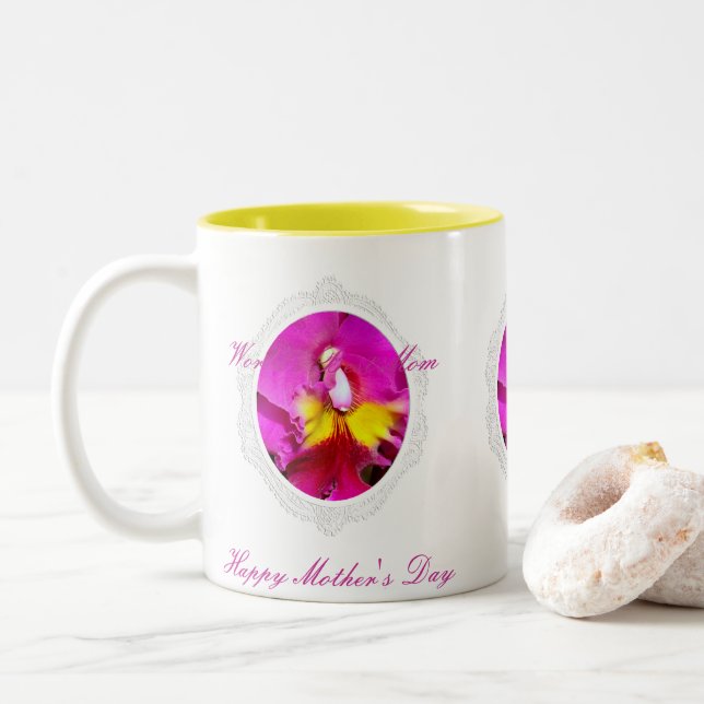 Pink Yellow Cattleya Orchid Mother's Day Mug (With Donut)
