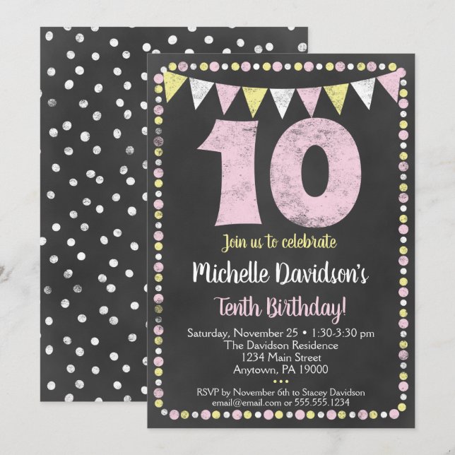 Pink Yellow Chalkboard 10th Birthday Invitation (Front/Back)