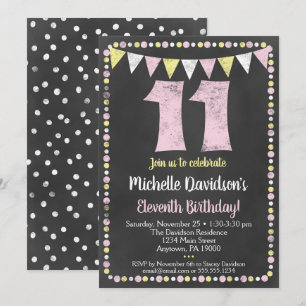 Pink Yellow Chalkboard 11th Birthday Invitation