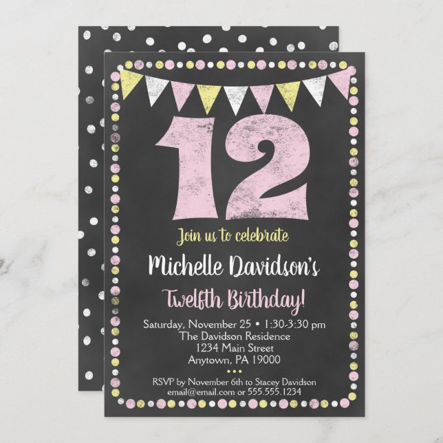 Pink Yellow Chalkboard 12th Birthday Invitation (Front/Back)