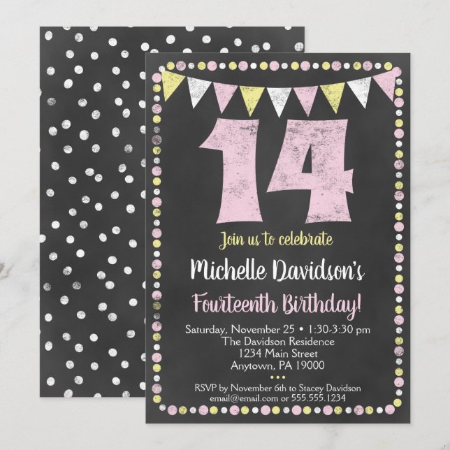 Pink Yellow Chalkboard 14th Birthday Invitation (Front/Back)