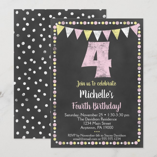 Pink Yellow Chalkboard 4th Birthday Invitation (Front/Back)