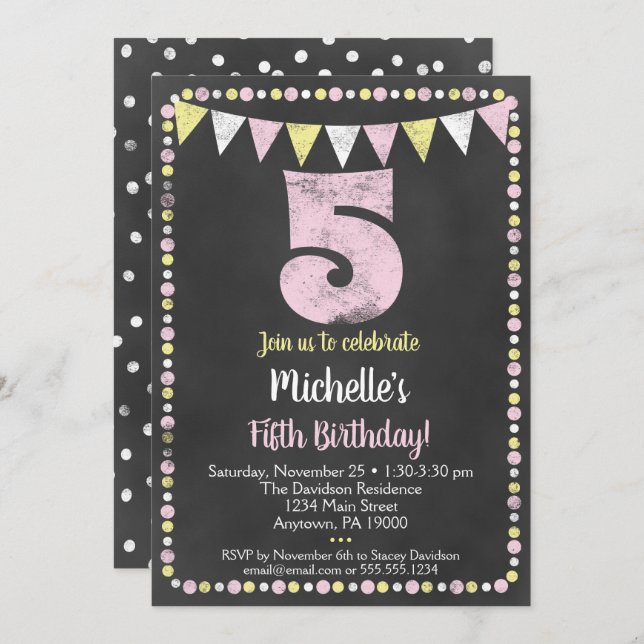 Pink Yellow Chalkboard 5th Birthday Invitation (Front/Back)