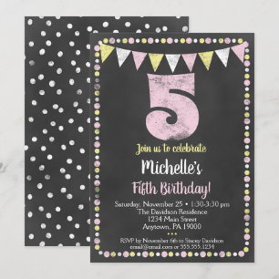 Pink Yellow Chalkboard 5th Birthday Invitation